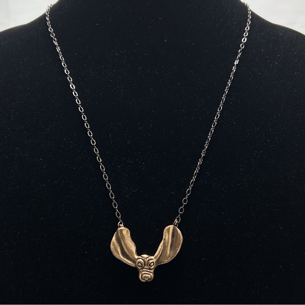 Vintage, Gold Big Earred Hound Dog Pendant Necklace, Antiqued Gold Chain, Marked